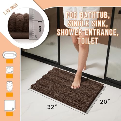 Yimobra Bathroom Rug Mat 32 x 20, Non Slip and Super Absorbent Bath Mat,Machine Washable Quick Dry,Ultra Plush Chenille Shower Rugs for Bathroom Floor Sink Tub and Shower Outside,Brown