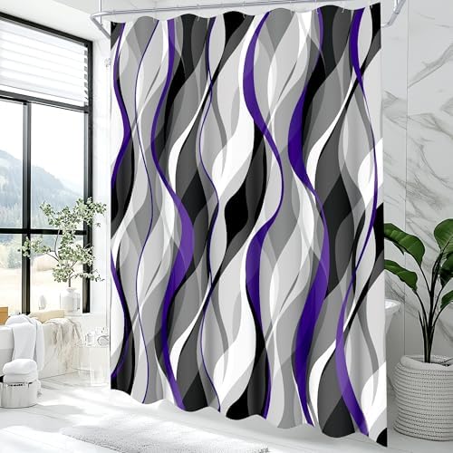 Purple and Grey Shower Curtain for Bathroom Purple and Black Shower Curtain Fabric Modern Abstract Striped Minimalist Bath Curtains Waterproof Shower Curtains Set, Black Gray Purple, 72 x 72 Inch