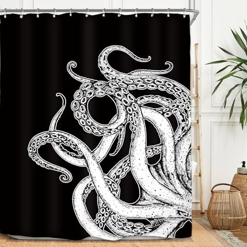 Miyotaa Black White Octopus Shower Curtain Set 60Wx71H Inches Sea Monster Kraken Man Cool Waterproof Bathroom Curtain with 12 Hooks
