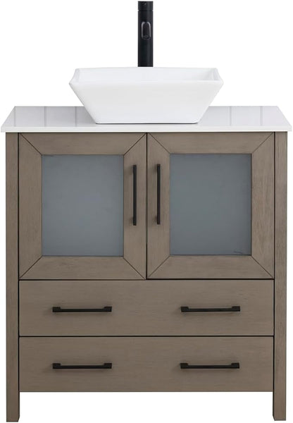 Vanity Art 30 Inch Vessel Single Sink Bathroom Vanity Cabinet with 1 Mirror, Engineered Marble Top Bathroom Cabinet Compact Set with 2 Dovetail Drawers and Soft Closing Doors, VA3130-DG