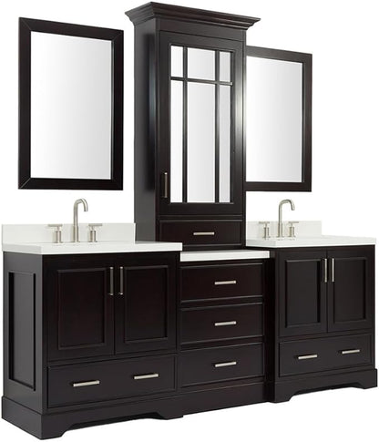 ARIEL Stafford 84-inch Bathroom Vanity with Sink,Solid Wood, 1.5-inch Pure White Quartz Countertop, Double Rectangular Porcelain Sink, 5 Soft Closing Doors, 6 Dovetail Drawers, Espresso