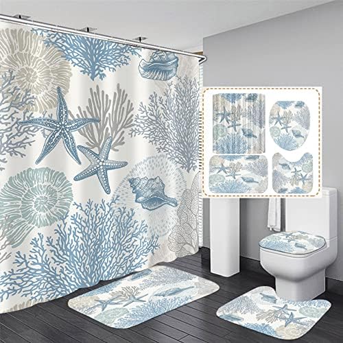 Nkzply 4 Pcs Beach Shower Curtain Set Blue Starfish Bathroom Sets with Shower Curtain and Rugs Ocean Seashell Coral Bathroom Decor Accessories Nautical Bathroom Rug Set Toilet Lid Cover 12 Hooks