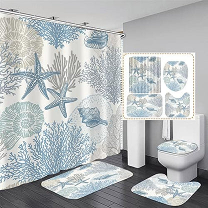 Nkzply 4 Pcs Beach Shower Curtain Set Blue Starfish Bathroom Sets with Shower Curtain and Rugs Ocean Seashell Coral Bathroom Decor Accessories Nautical Bathroom Rug Set Toilet Lid Cover 12 Hooks