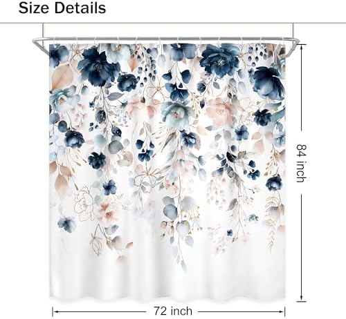 Blue Pink Floral Extra Long Rustic Bathroom Shower Curtain Set