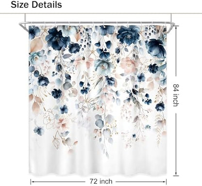Blue Pink Floral Extra Long Rustic Bathroom Shower Curtain Set