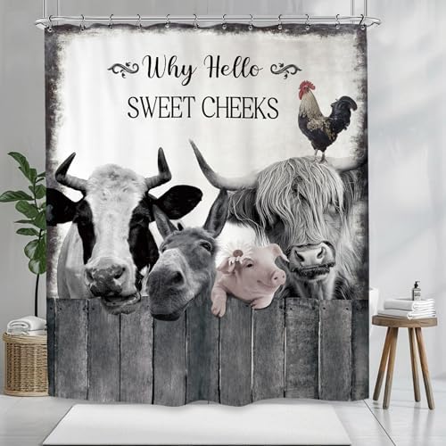Farmhouse Animal Farm Funny Shower Curtain 72Wx72L Inch Bull Cow Pig Donkey Rustic Country Bathroom Set Accessories Decor Polyester Waterproof with 12 Pack Hooks