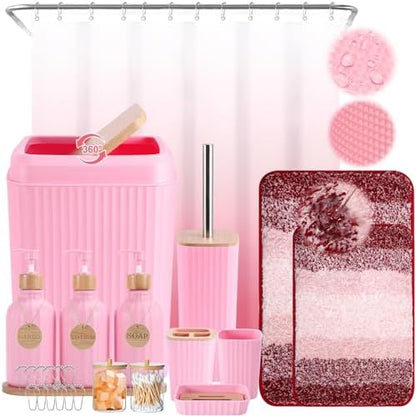 XLHOMO Bathroom Accessories,Bathroom Set with Shower Curtain,Rugs,Trash Can,Lotion Soap Dispenser,Toothbrush Holder,Soap Dish, Tags with Tray（Pink1 ），（Bath Set+Shower Curtain+Bath Rugs）