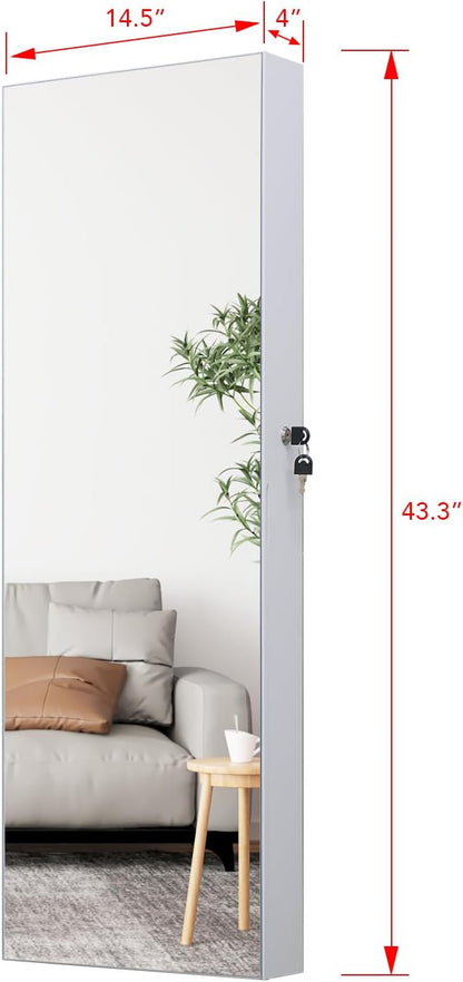 LED Jewelry Cabinet Armoire Organizer,Wall/Door Mount Jewelry Organizer and Storage with Full-Length Mirror Hanging Jewelry Organizer Full Length Mirror with Storage Large Capacity White
