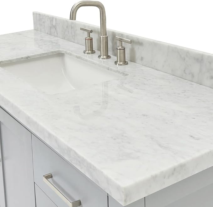 DKB Olivia 54" Grey Bathroom Vanity with Sink, 1.5" Edge Italian Carrara Marble Countertop, Rectangular Undermount Sink, 2 Soft Closing Doors, 6 Dovetail Drawers