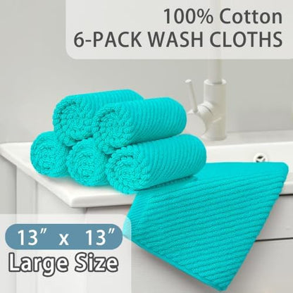 VOOVA & MOVAS Washcloths 6PC, 100% Cotton, 13x13 in, Turquoise