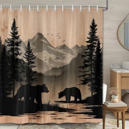 Rustic Cabin Shower Curtain, Mens Outdoor Bear Forest Wildlife Country Farmhouse Bath Curtains, Hunting Camping Camper RV Waterproof Fabric Bathroom Decor Accessories Set with Hooks,70X85IN