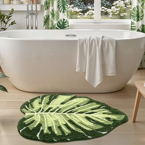 LUMI Bathroom Rug Green Leaf, Absorbent Non Slip Bath Mat, 31.5"x47"