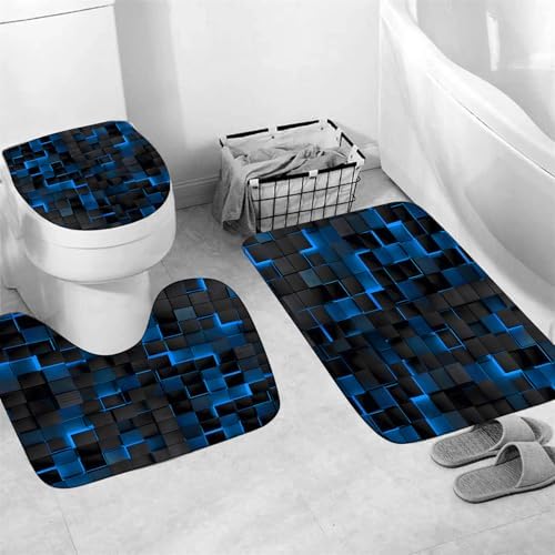 LQCOOL 4Pcs Shower Curtain Set with Rugs, Modern Bathroom Set Black Blue