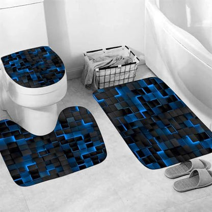 LQCOOL 4Pcs Shower Curtain Set with Rugs, Modern Bathroom Set Black Blue