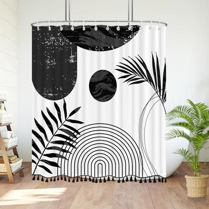 Boho Mid Century Leaf Shower Curtain Set,Arch Sun Design,Minimalistic Leaves Pattern,Waterproof and Luxurious Fabric-12 Hooks(Black-72" x 84")