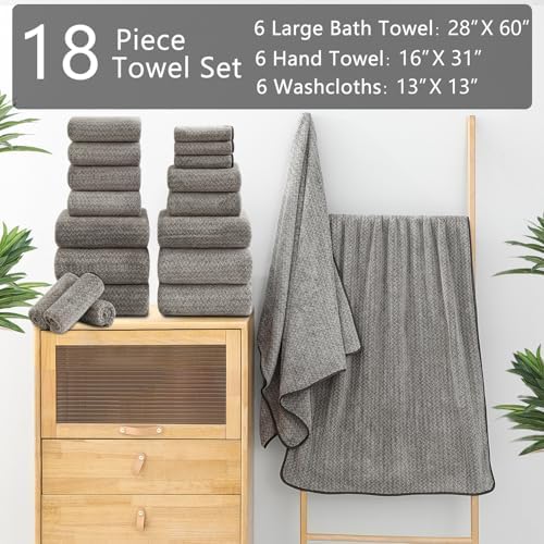 Ycosy 18 Piece Bath Towels Set,100% Microfiber Family Bathroom Towel with Hanging Loops-6 Bath Towels,6 Hand Towels,6 Washcloths,Quick Dry Highly Absorbent Shower Towel for Bathroom,Hotel,Spa-Brown