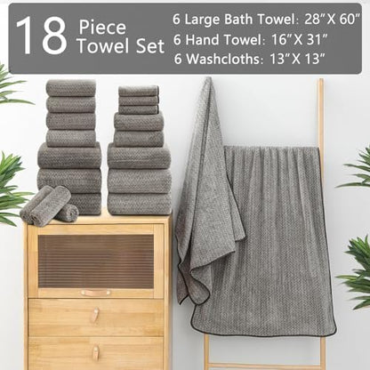 Ycosy 18 Piece Bath Towels Set,100% Microfiber Family Bathroom Towel with Hanging Loops-6 Bath Towels,6 Hand Towels,6 Washcloths,Quick Dry Highly Absorbent Shower Towel for Bathroom,Hotel,Spa-Brown
