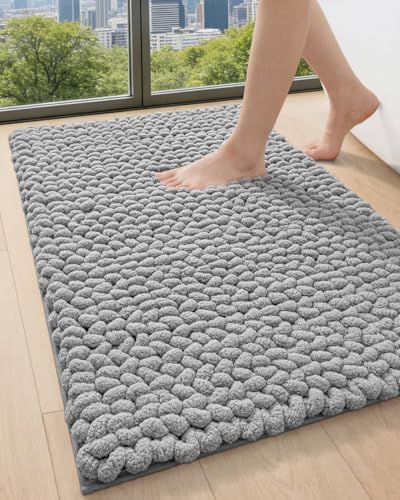 DEXI Bathroom Rugs 36x24, Non Slip Washable Chinelle Bath Mat, Light Grey