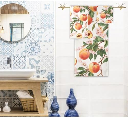 Naanle Tropical Fruits Peach Soft Decor 3 Pcs Towels Set, 1 Bath Towel+1 Hand Towel+1 Washcloth, Multipurpose for Bathroom, Hotel, Gym, Spa and Beach