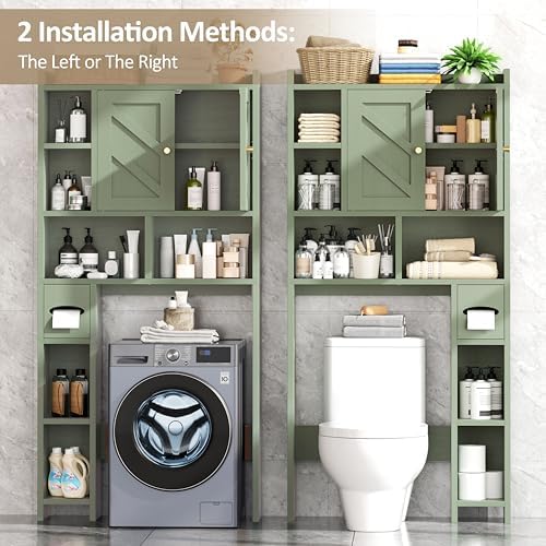 Over The Toilet Storage Cabinet, 64.6" Tall Bathroom Organizer Space Saver with Toilet Paper Holder & Adjustable Shelf, Freestanding Wood Cabinet for Small Space, Green