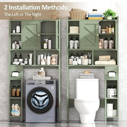 Over The Toilet Storage Cabinet, 64.6" Tall Bathroom Organizer Space Saver with Toilet Paper Holder & Adjustable Shelf, Freestanding Wood Cabinet for Small Space, Green