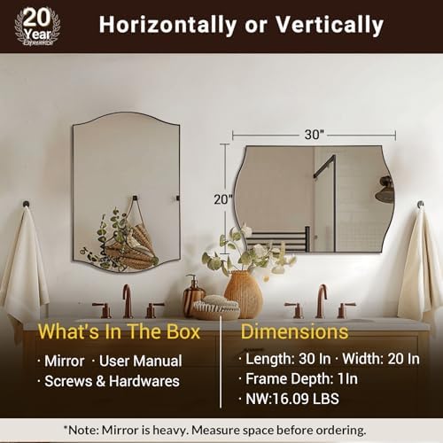 ANDY STAR 20"x30" Bronze Bathroom Mirror, Rectangle Scalloped Wall Mirror in Stainless Steel Metal Frame, Modern Brushed Bronze Finish with Curved Edge Design, Wall-Mount Mirror for Bathroom, Entryway