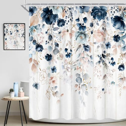 Rustic Floral Spring Summer Blue Pink Bathroom Shower Curtain Set