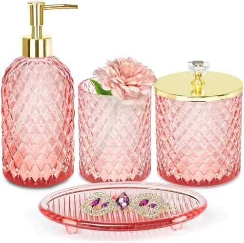 Haturi Glass Bathroom Accessories Set, Light Pink Bathroom Set, 4 Pcs