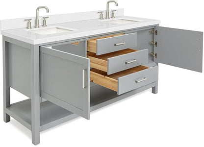 ARIEL Bayhill 72-inch Bathroom Vanity with Sink,Solid Wood, 1.5-inch Pure White Quartz Countertop & Backsplash, Double Rectangular Porcelain Sink, 2 Soft Closing Doors, 3 Dovetail Drawers, Grey