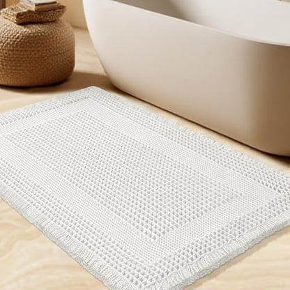 Upgrade Waffle Bath Mat, Boho Bathroom Rugs Absorbent Non Slip, Ultra Soft Bathroom Mat, Machine Washable Knit Bath Rugs with Tassels for Bathroom, Bedroom, Kitchen, Shower, Tub, 36"x24", White