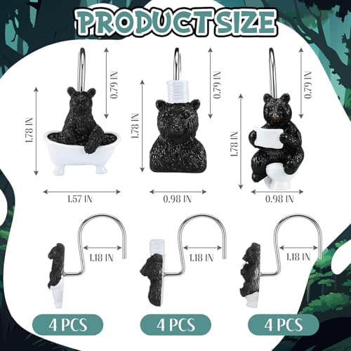 Roowest 12 Pcs Black Bear Shower Curtain Hooks, Stainless Steel Rings