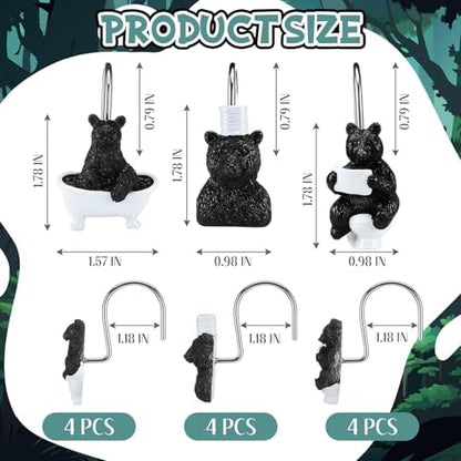 Roowest 12 Pcs Black Bear Shower Curtain Hooks, Stainless Steel Rings