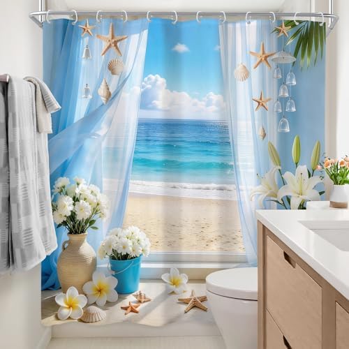 Ocean Coastal Blue Sea Fish Beach Floral Beachy Bathroom Shower Curtain Set