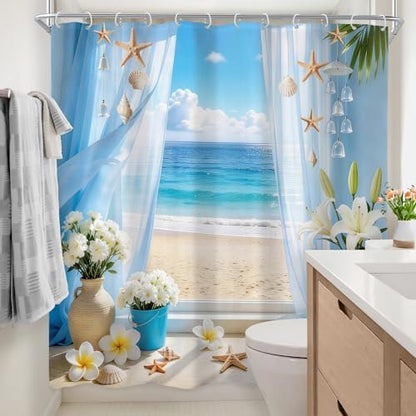 Ocean Coastal Blue Sea Fish Beach Floral Beachy Bathroom Shower Curtain Set