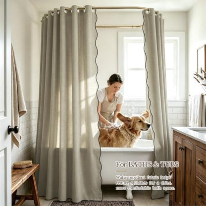 Furlinic Scalloped Shower Curtain 72x75 No Hook Taupe Boho Linen Fabric