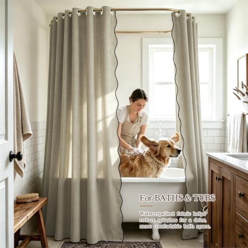 Furlinic No Hook Shower Curtain Scalloped Boho Taupe Linen Fabric 96 Inch