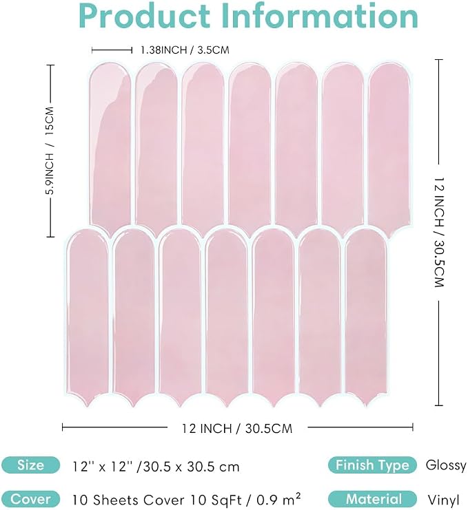 Commomy Thicker Pink Peel and Stick Tile Backsplash - 10 pcs of 12" x 12" - 3D Adhesive Peel and Stick Backsplash for Kitchen, Bathroom, Removable, Waterproof, Vinyl Wall Tile