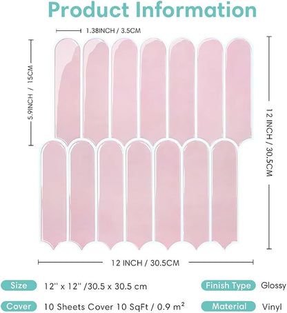 Commomy Thicker Pink Peel and Stick Tile Backsplash - 10 pcs of 12" x 12" - 3D Adhesive Peel and Stick Backsplash for Kitchen, Bathroom, Removable, Waterproof, Vinyl Wall Tile
