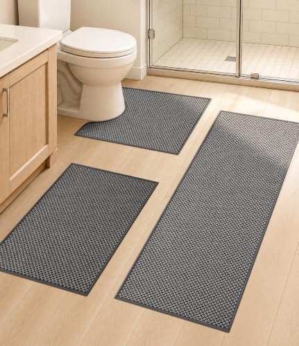 YIHOUSE Dark Grey Bathroom Rugs Sets 3 Pieces,Thin Bath Mat Quick Dry