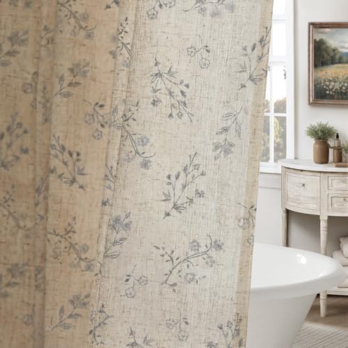 Grey Floral Farmhouse Vintage Linen Shower Curtain French Country 72Wx72H