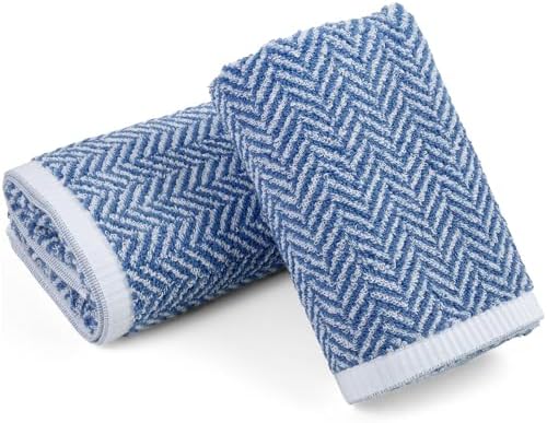 Cleanbear Blue Cotton Hand Towels with Herringbone Pattern, 13 x 28 Inches