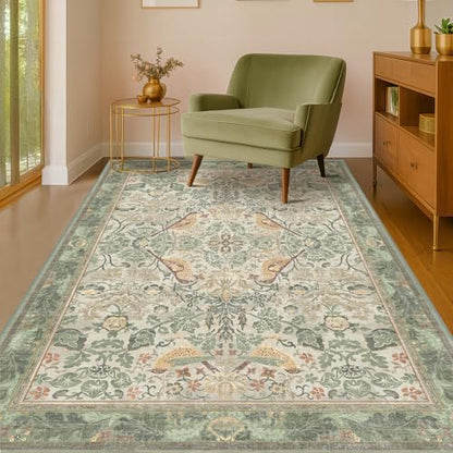 Washable 4x6 Entryway Rug, Sage Green Area Rugs for Living Room, Bedroom, Large Kitchen, Office, Boho Botanical Decor, Non-Slip Low Pile Ultra Soft Carpet