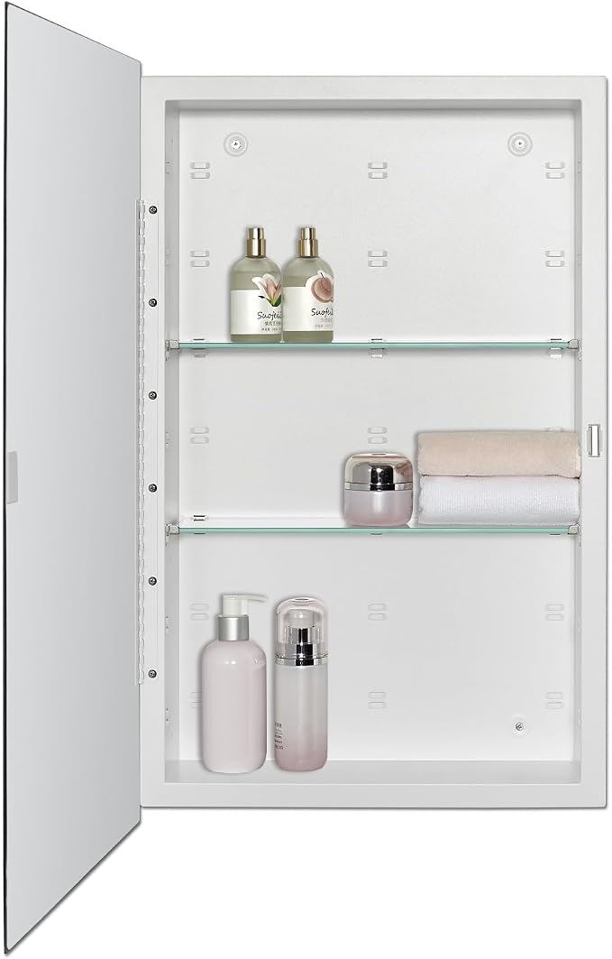 IDYLLOR Bathroom Medicine Cabinet with Beveled Edge Mirrored Door 16 x 26 inch, Recessed or Surface Mount, with Adjustable Glass Shelves
