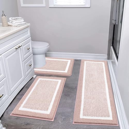 Pauwer Bathroom Rugs 3 Piece Set, Non Slip Washable Bath Mat, Dusty Pink