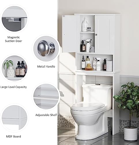 Over the Toilet Storage Cabinet, Bathroom Storage Cabinet White Organizer Over Toilet, Bathroom Space Saver with Adjustable Shelf, White