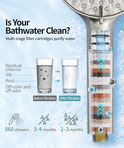 SR SUN RISE Filtered Shower Head with Handheld High Pressure 9 Spray Mode Showerhead Detachable Shower Head Water Softener Filters Beads for Hard Water Remove Chlorine 1 Filter 1.8GPM Brushed Nickel