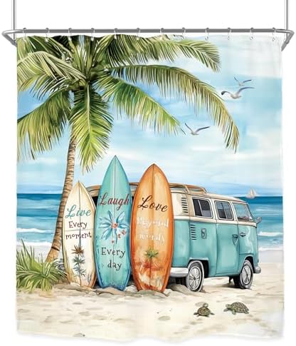Miyotaa Coastal Beach Palm Surfboard Shower Curtain Set 60Wx71H Inches Ocean Summer Tropical Scenery Hawaii Camping Waterproof Bathroom Curtain with 12 Hooks