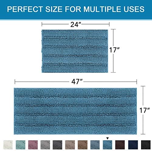 H.VERSAILTEX 2 Piece Bathroom Set - Super Absorbent Chenille Striped Bath Mats - Non Skid, Machine Washable - Turquoise Blue, 47 x 17 Plus 17 x 24 Inches