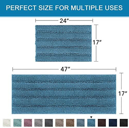 H.VERSAILTEX 2 Piece Bathroom Set - Super Absorbent Chenille Striped Bath Mats - Non Skid, Machine Washable - Turquoise Blue, 47 x 17 Plus 17 x 24 Inches