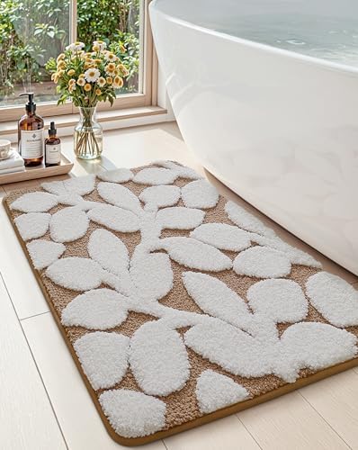 DEXI Bathroom Rugs Non Slip Washable 24x16, Boho White Leaf Bath Mat, Brown